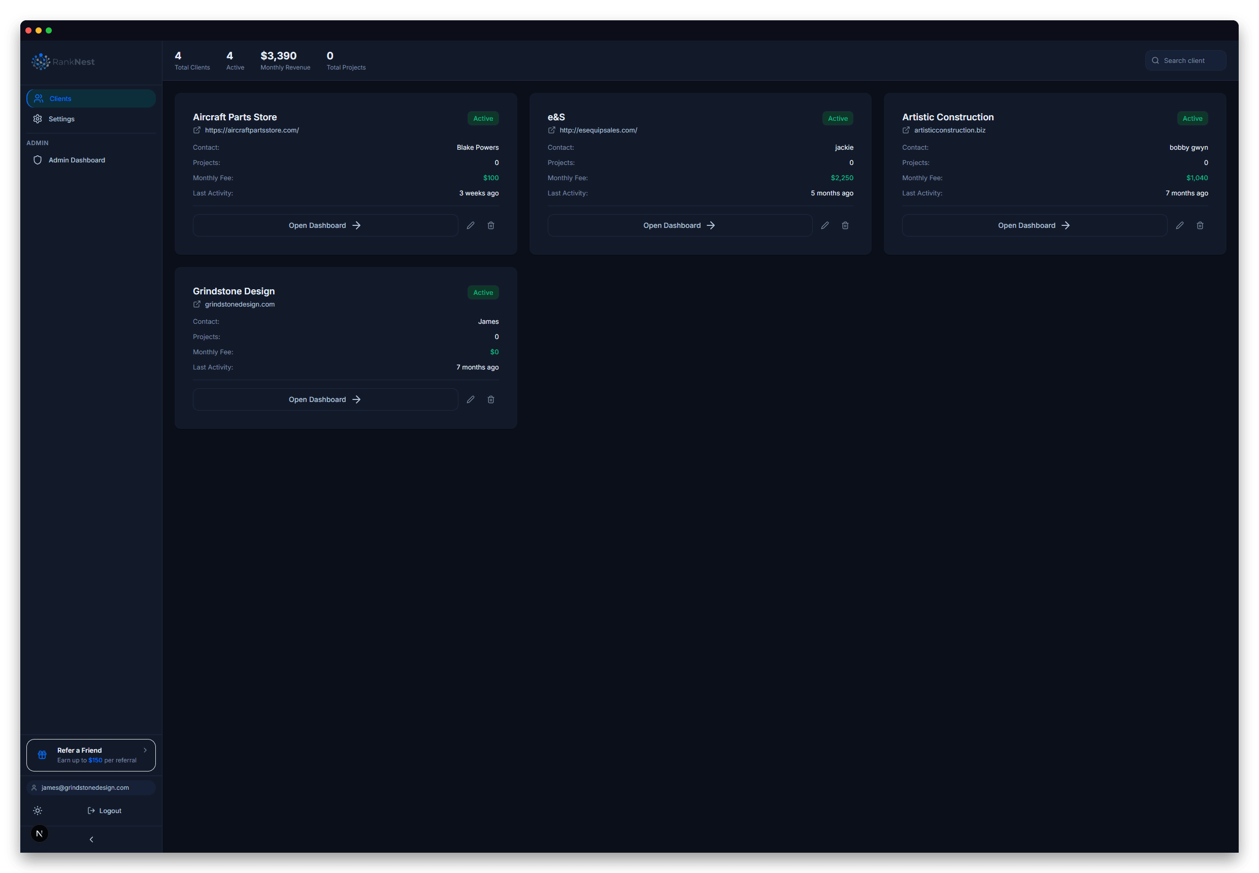 RankNest multi-client dashboard showing client list with health scores and activity