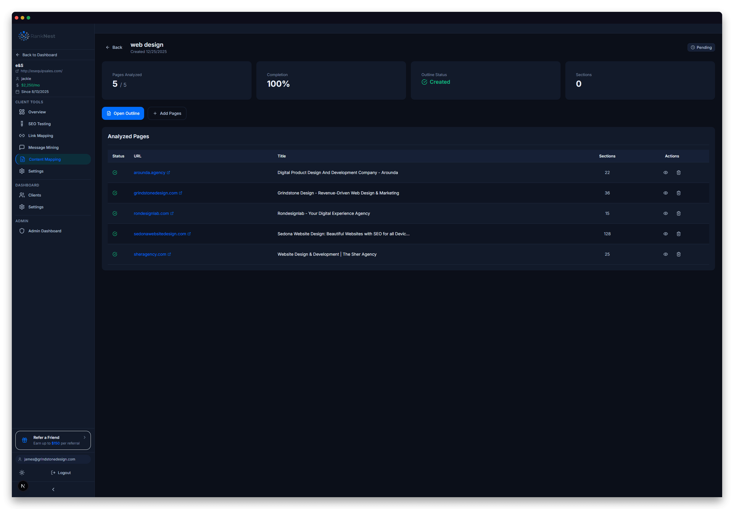 RankNest content mapping showing analyzed competitor pages with section counts