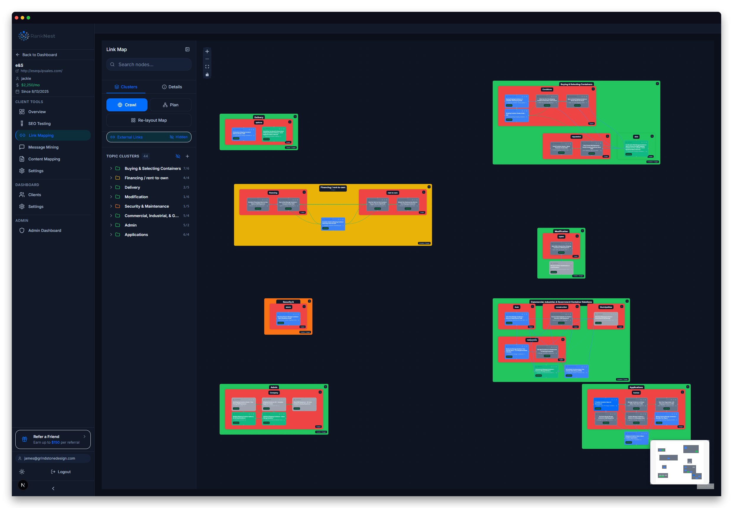 RankNest link mapping canvas showing interactive site architecture visualization