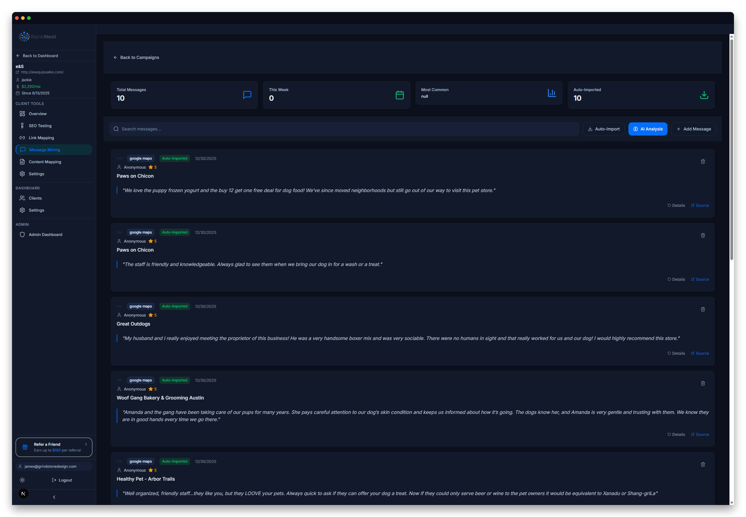 RankNest message mining showing customer review analysis with AI insights
