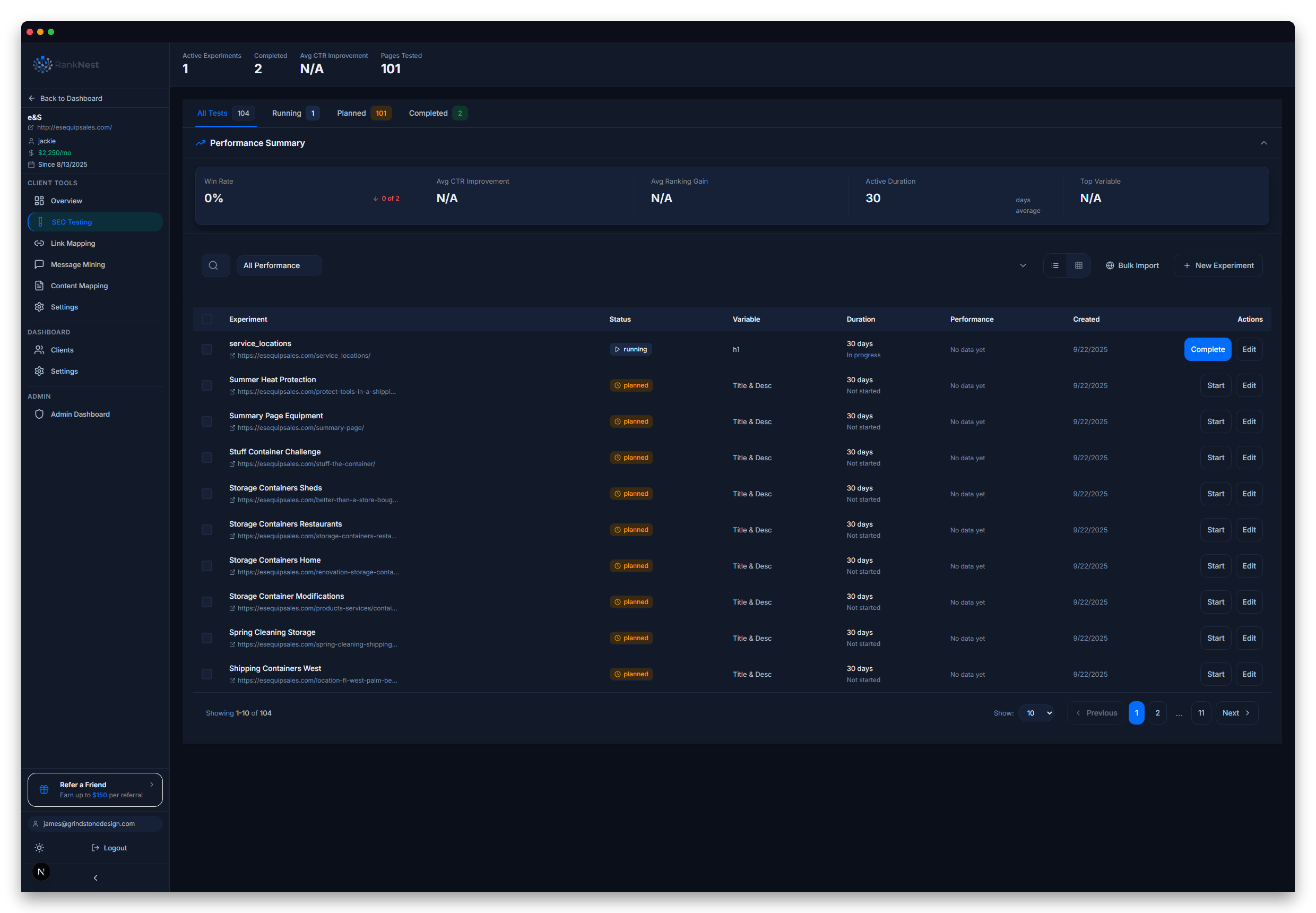 RankNest SEO testing dashboard with experiment tracking and metrics