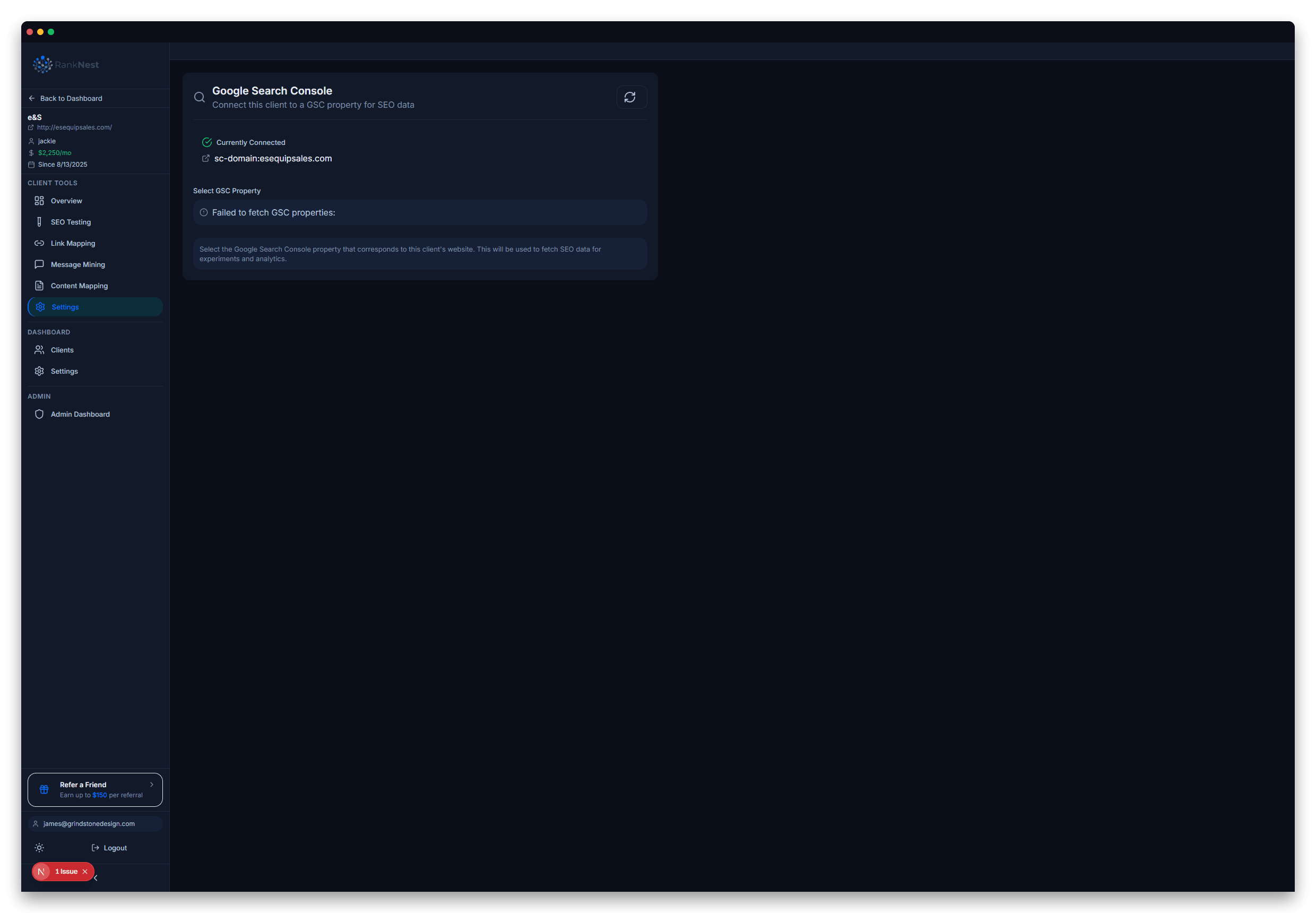 RankNest Google Search Console integration showing connected property